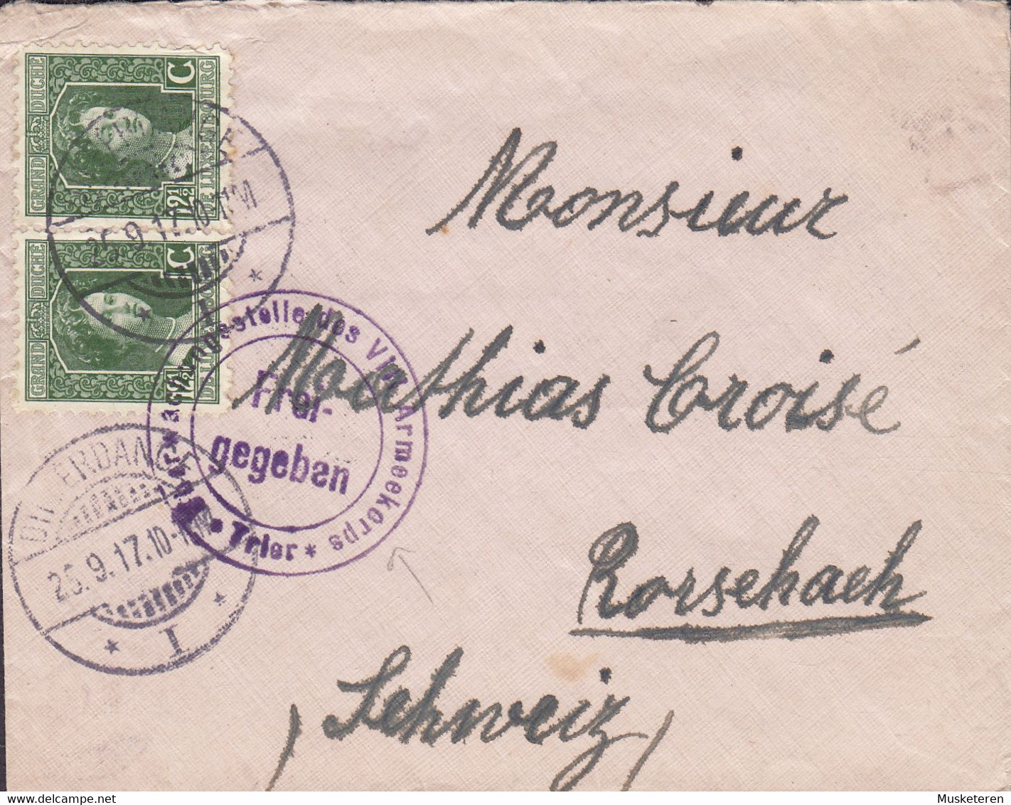 Luxembourg DIFFERDANGE 1917 'Petite' Cover Lettre RORSCHACH (Arr.) Schweiz Censor 'VIII. Armeekorps' TRIER Freigegeben - 1914-24 Marie-Adélaïde