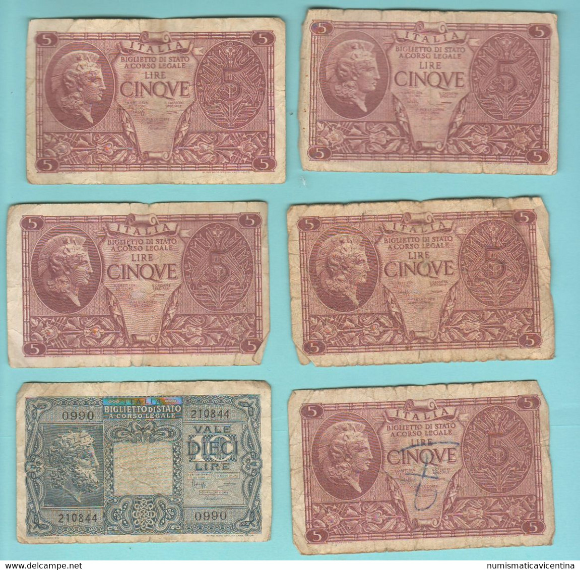 Italia Luogotenenza 5 + 10 Lire 1944 Banconote Luogotenenza Umberto II° - Italië– 5 Lire