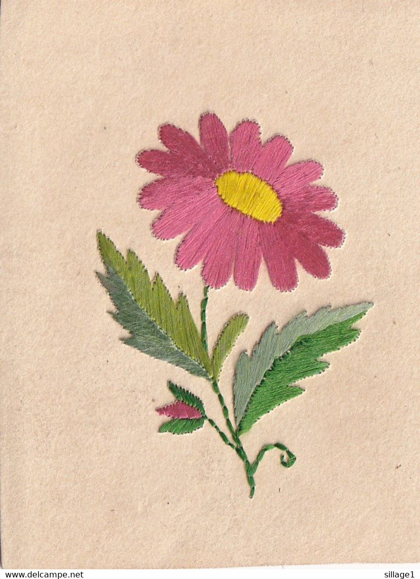 Fleur Brodée Ancienne -  Recto-Verso De 8cms X 6cms Sur Carton - Rare - Laine