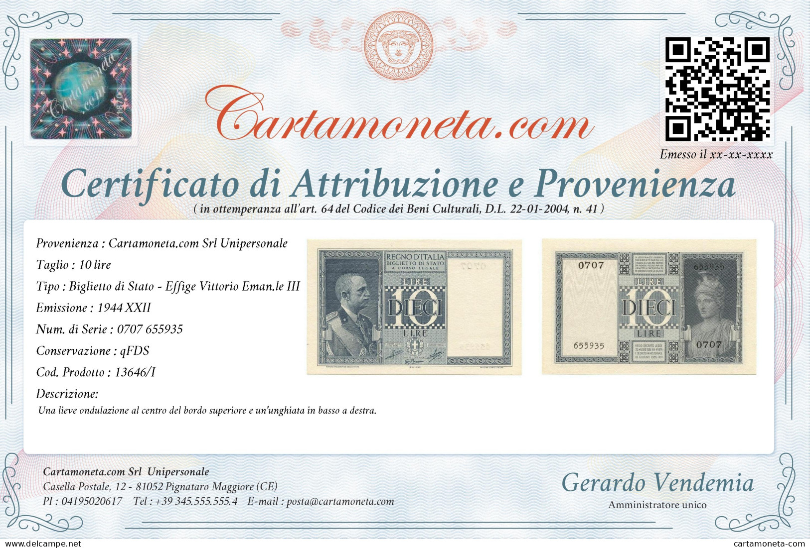 10 LIRE BIGLIETTO DI STATO VITTORIO EMANUELE III FASCIO 1944 XXII QFDS - Otros