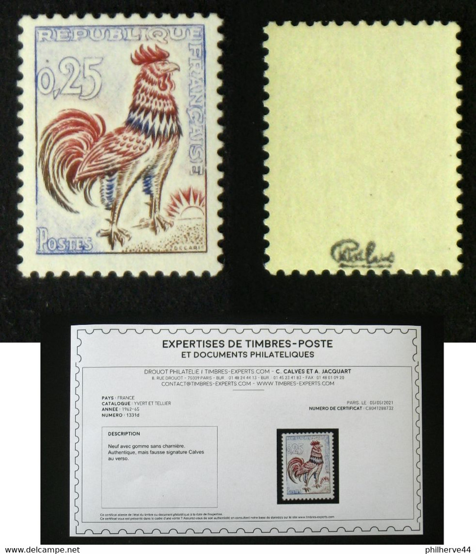 N° 1331d 25c COQ Fluo Neuf N** Cote 900€ Signé + Certificat Calves - 1962-1965 Hahn (Decaris)