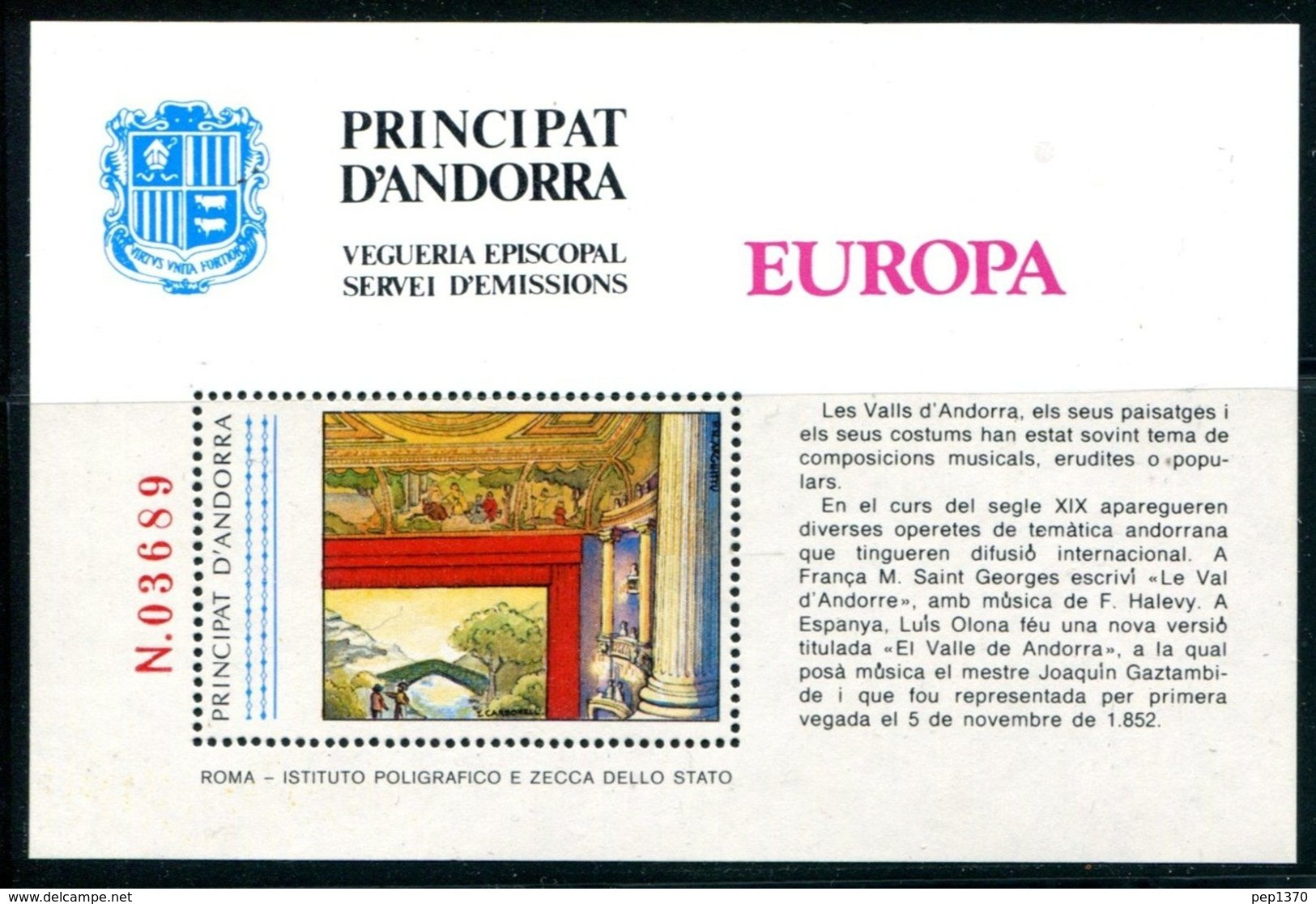 ANDORRA 1985 - MUSICA - HOJITA BLOQUE - Episcopal Viguerie