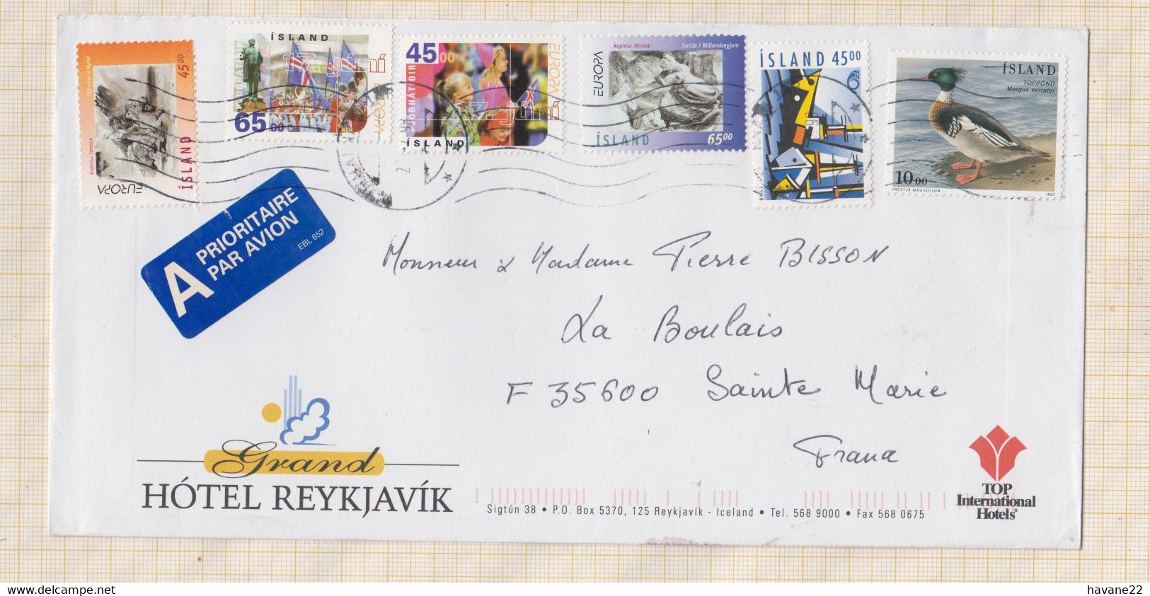 21B1043 MARCOPHILIE REYKLAVIK ISLAND POUR 35 STE MARIE 1998 - Covers & Documents