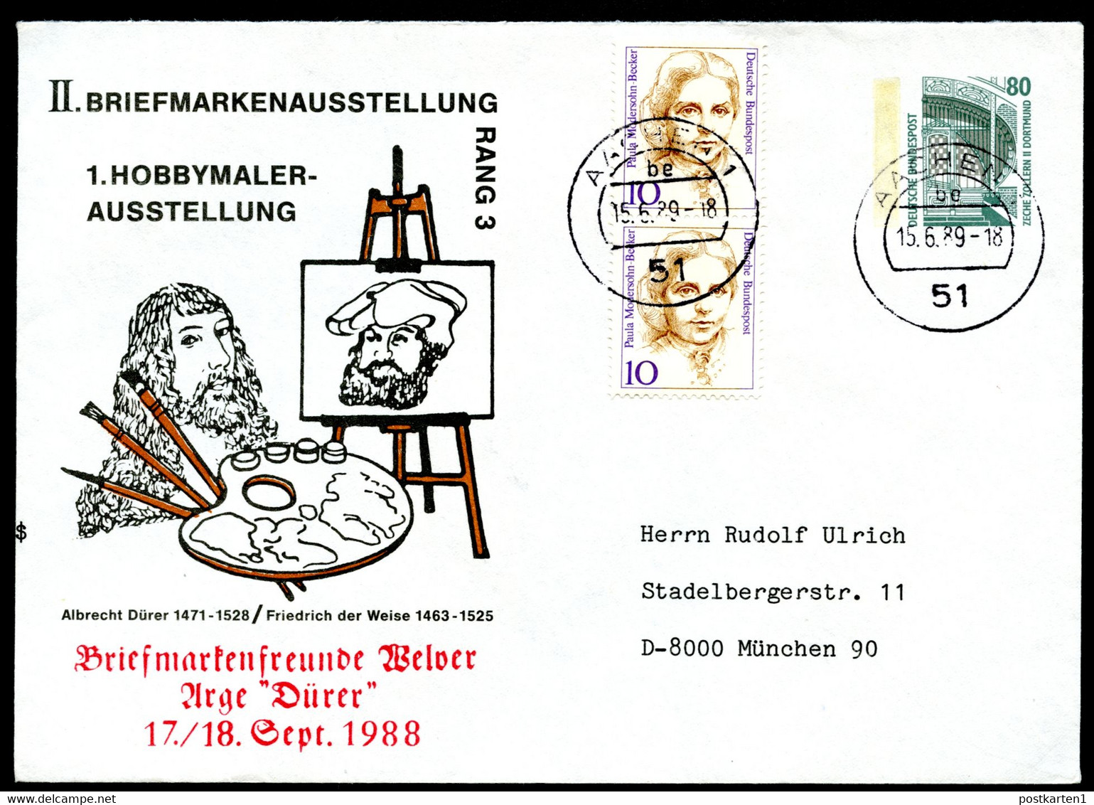 Bund PU288 D2/023 ALBRECHT DÜRER Gebraucht Aachen 1989 - Enveloppes Privées - Oblitérées