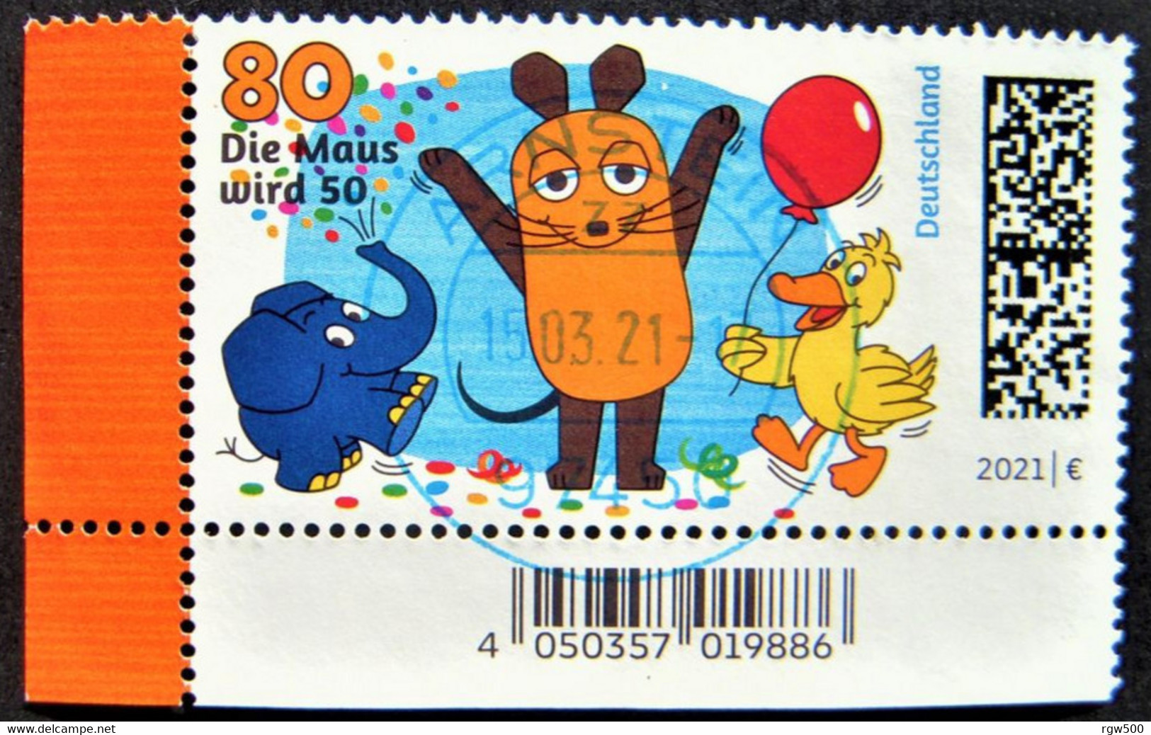 Bund/BRD März 2021,  Sondermarke "50 Jahre Fernseh-Sendung mit der Maus" MiNr 3596, Eckrand, gestempelt