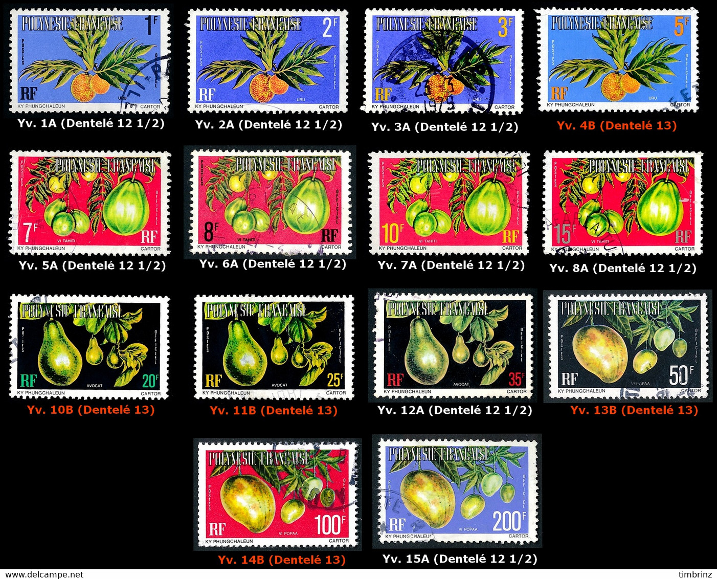 POLYNESIE 1977 - Yv. Service 1 à 15 A Ou B Ou C Sauf 9 Obl.   Cote= 67,65 EUR - Fruits (14 Val.)  ..Réf.POL25333 - Dienstmarken