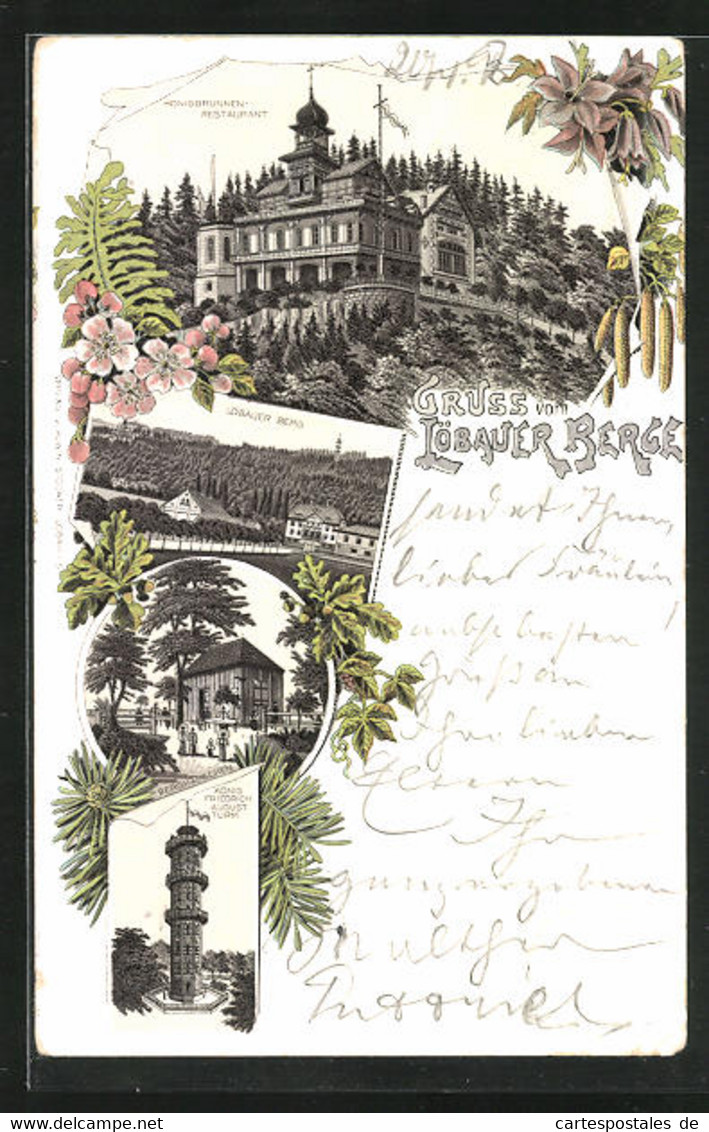 Lithographie Löbau / Sachsen, Restaurant Zum Honigbrunnen Auf Dem Löbauer Berg, König Friedrich August-Turm - Löbau