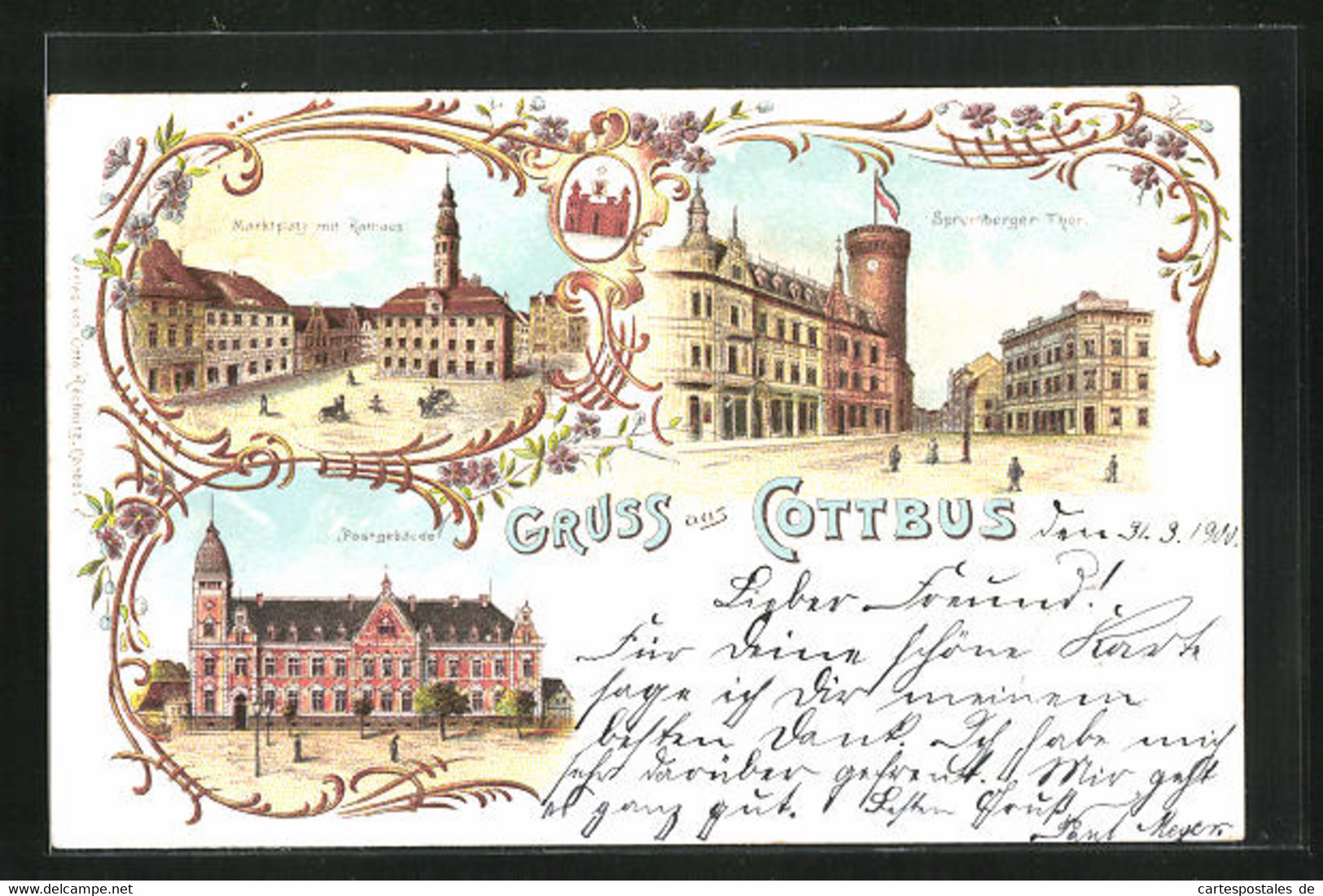 Lithographie Cottbus, Spremberger-Tor Mit Spremberg Turm, Marktpklatz Mit Rathaus, Postgebäude - Spremberg