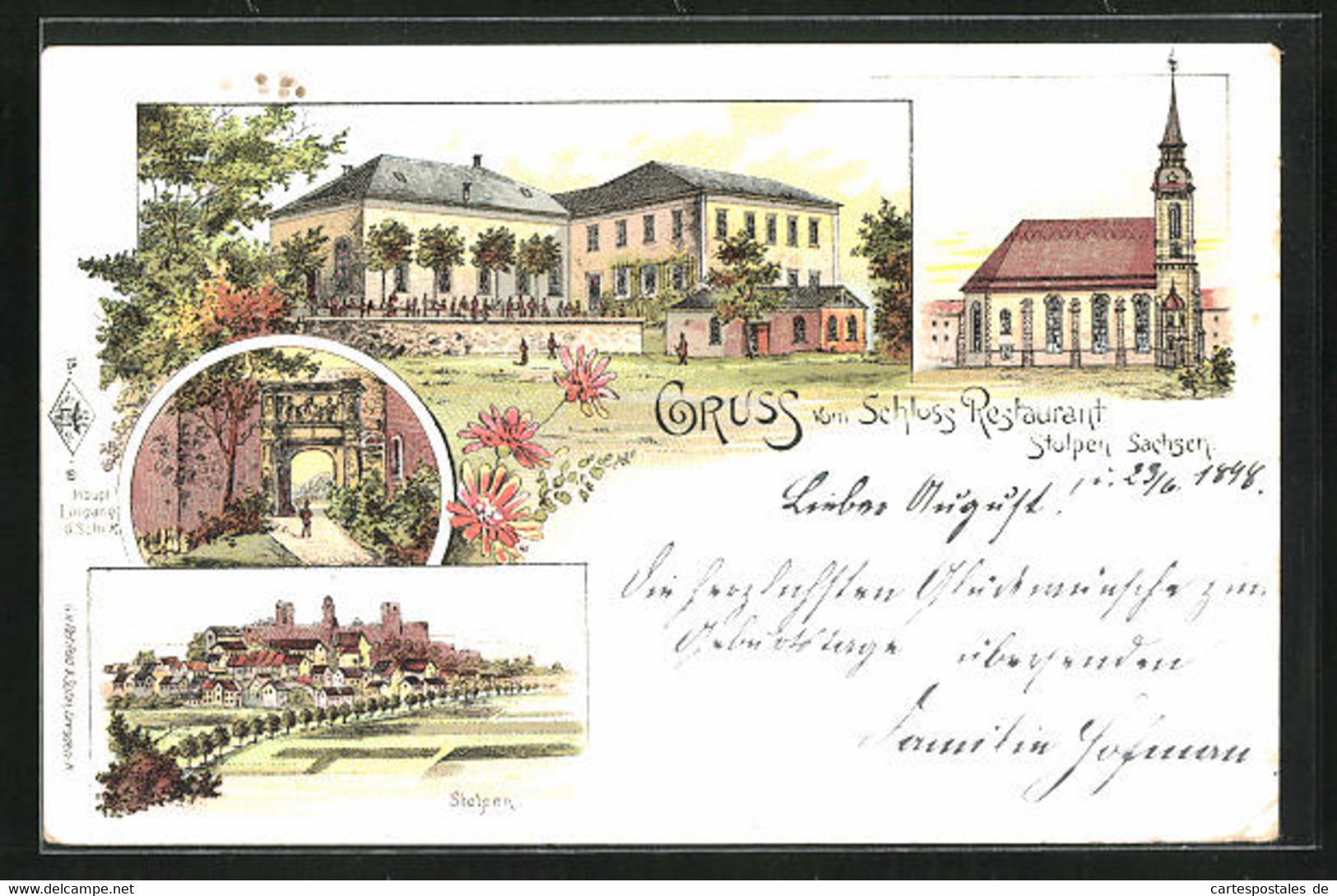 Lithographie Stolpen / Sachsen, Restaurant Schloss Stolpen, Kirche, Gesamtansicht - Stolpen