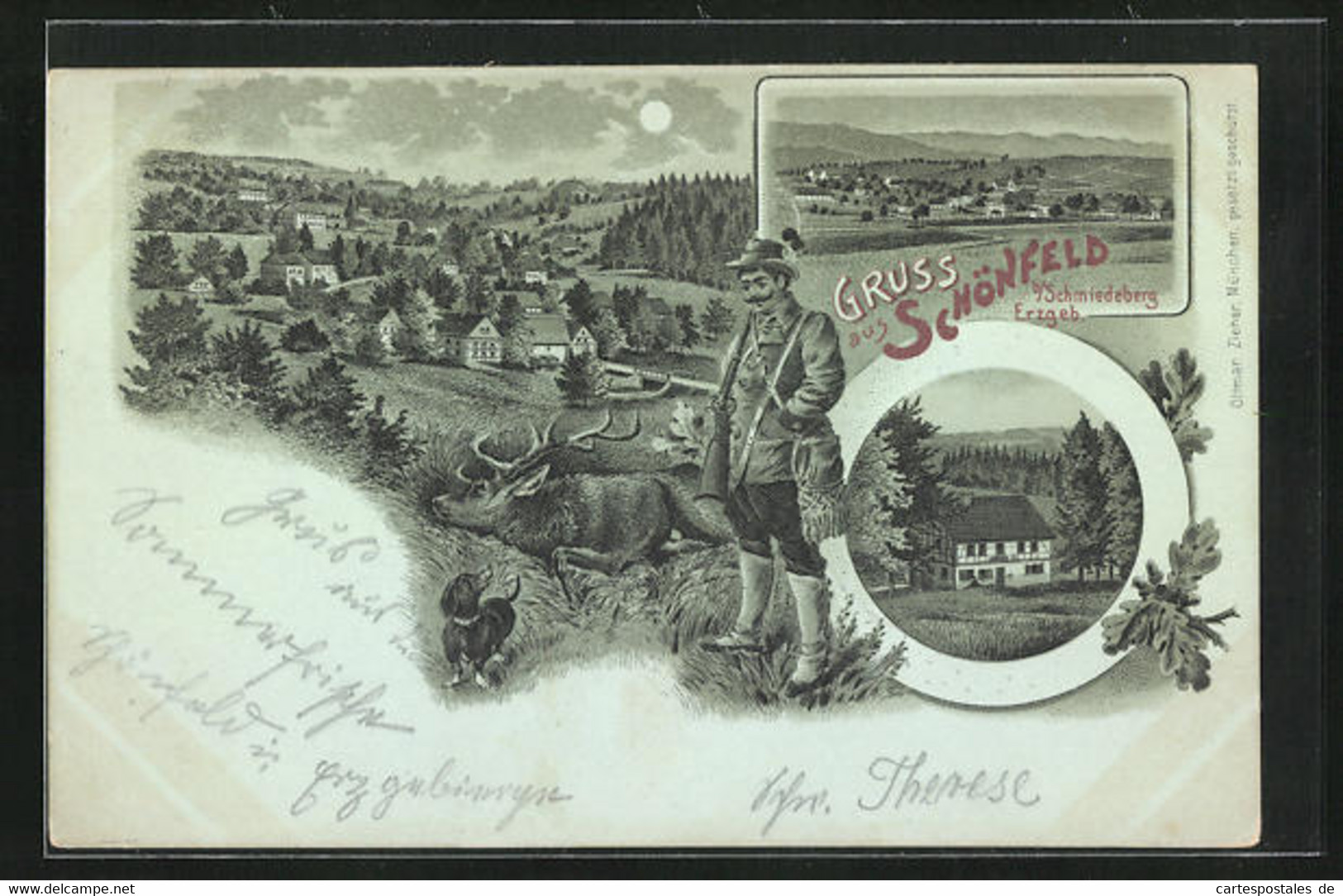 Mondschein-Lithographie Schmiedeberg / Erzgebirge, Gasthaus Schönfeld, Gesamtansicht Bei Nacht, Jäger Mit Hirsch - Schmiedeberg (Erzgeb.)