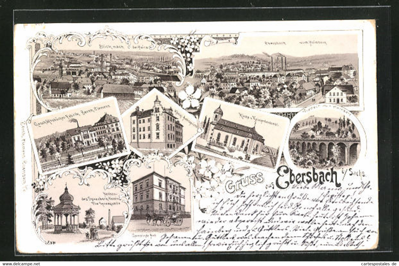 Lithographie Ebersbach / Sachsen, Gemeindeamt Mit Pferdekutsche, Königl. Amtsgericht, Viaducht Mit Hainberg - Ebersbach (Löbau/Zittau)