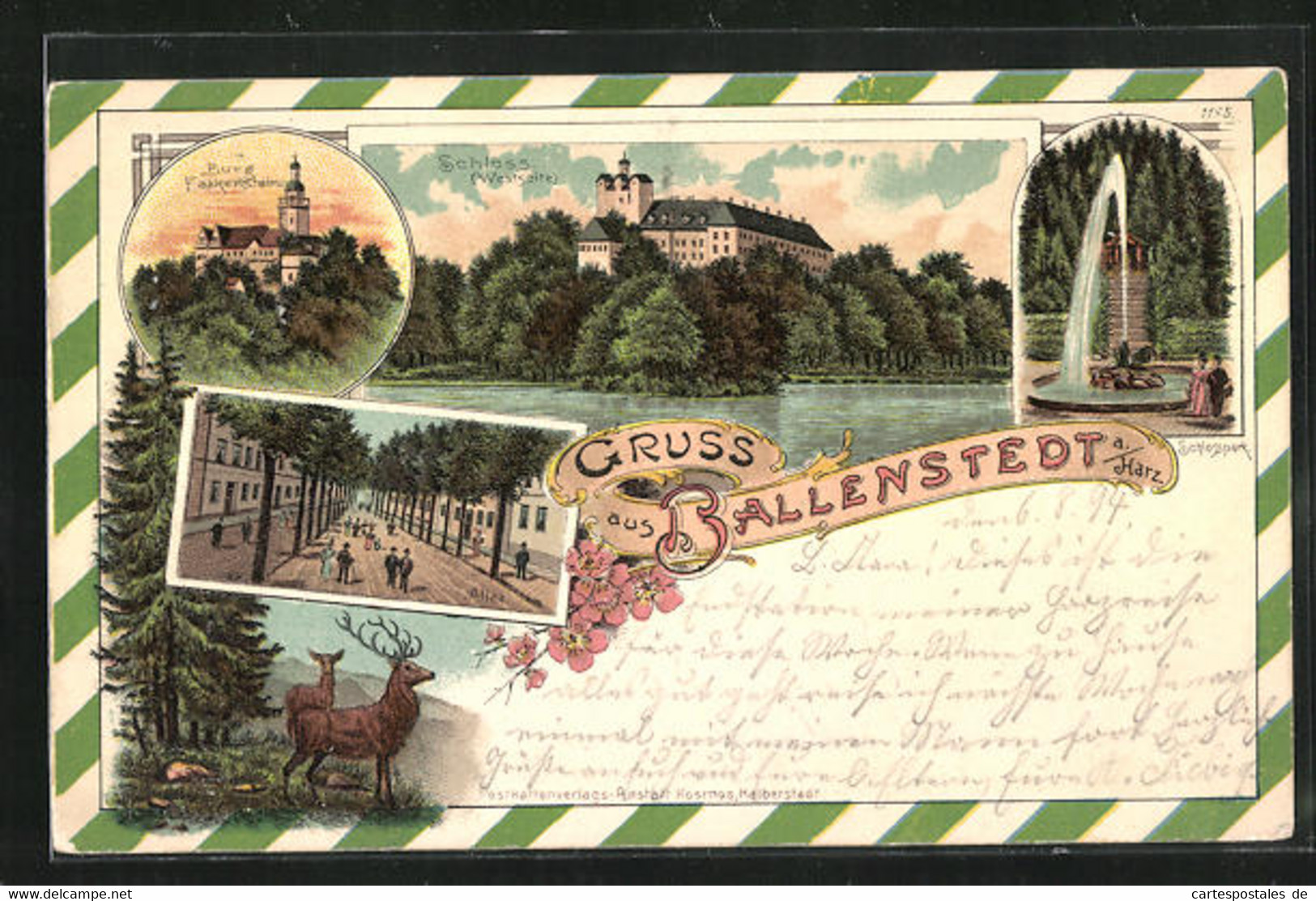 Lithographie Ballenstedt / Harz, Schloss Von Der Westseite, Burg Falkenstein Im Dämmerungslicht, Schlosspark Mit Font - Ballenstedt