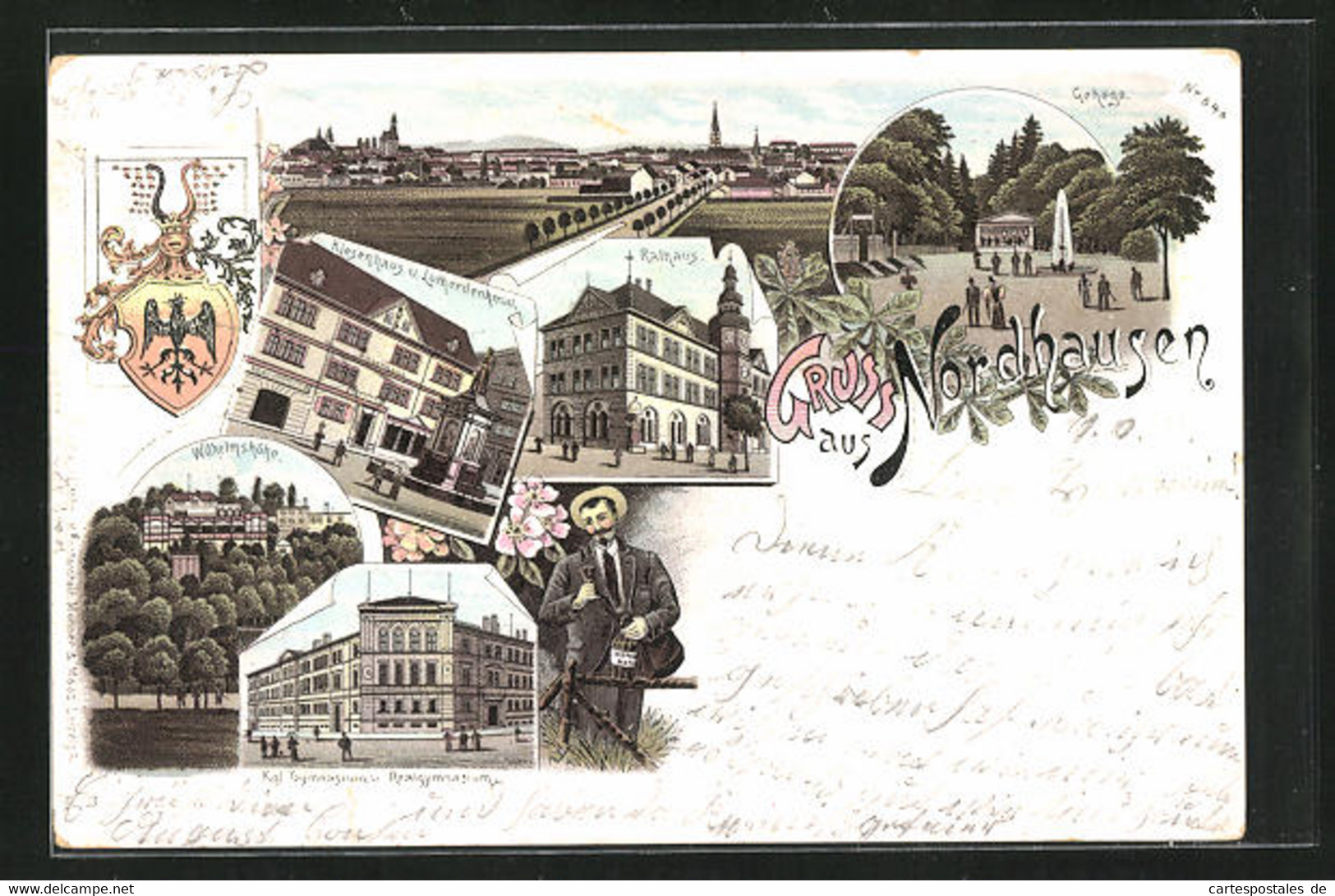 Lithographie Nordhausen, Riesenhaus U. Lutherdenkmal, Wilhelmshöhe, Gehege - Nordhausen