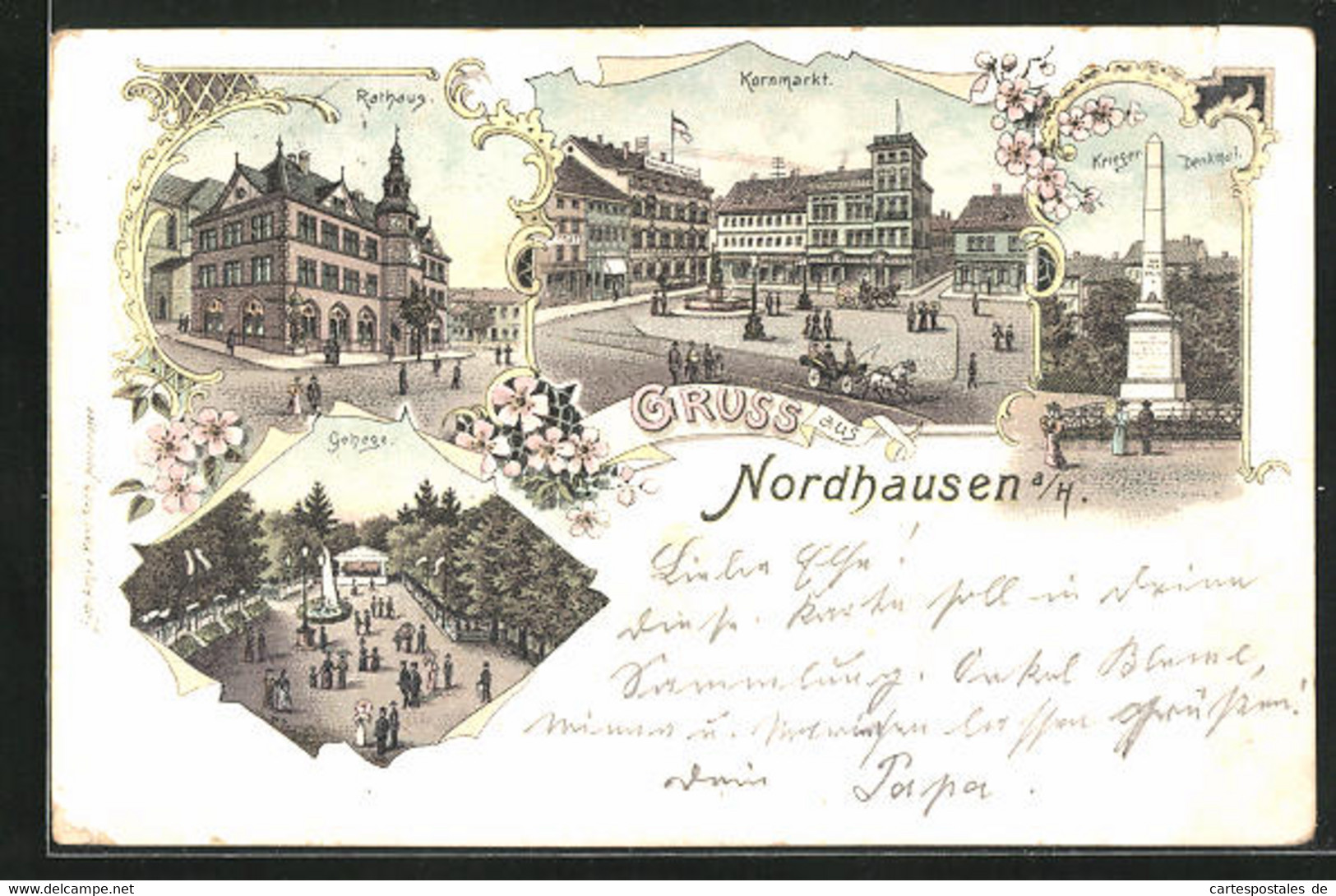 Lithographie Nordhausen, Rathaus, Kornmarkt, Krieger-Denkmal, Gehege - Nordhausen