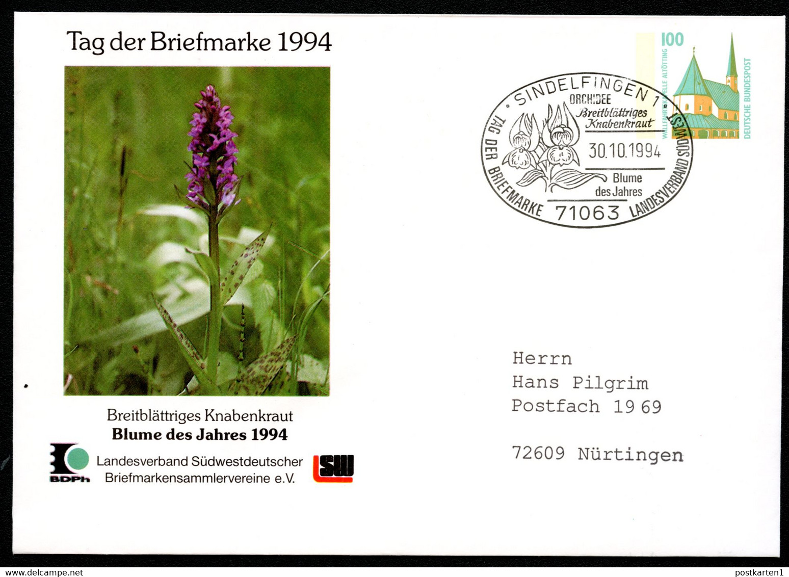 Bund PU290 C1/013-II BREITBLÄTTRIGES KNABENKRAUT Sost. Sindelfingen 1994 NGK 5,00€ - Enveloppes Privées - Oblitérées