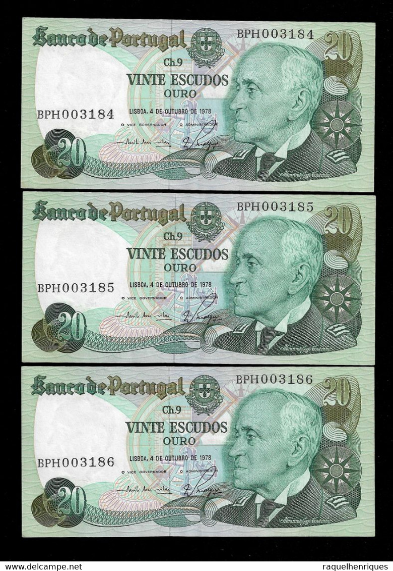 Portugal 20 Escudos 1978 3 Notes Running Numbers Pick 176b Unc (NT#07) - Portugal