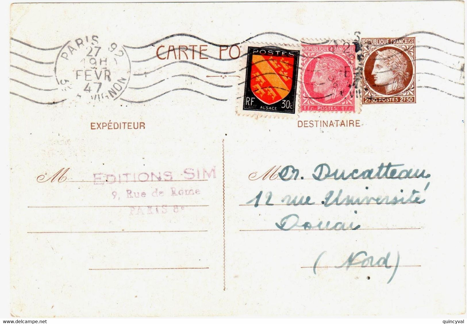 PARIS 92 Carte Postale Entier Mazelin 2,50F Complément 1F Blason Alsace 30c Yv 681-CP2 676 757 Ob 27 2 1947 Tf 2 1 1947 - Standard- Und TSC-AK (vor 1995)