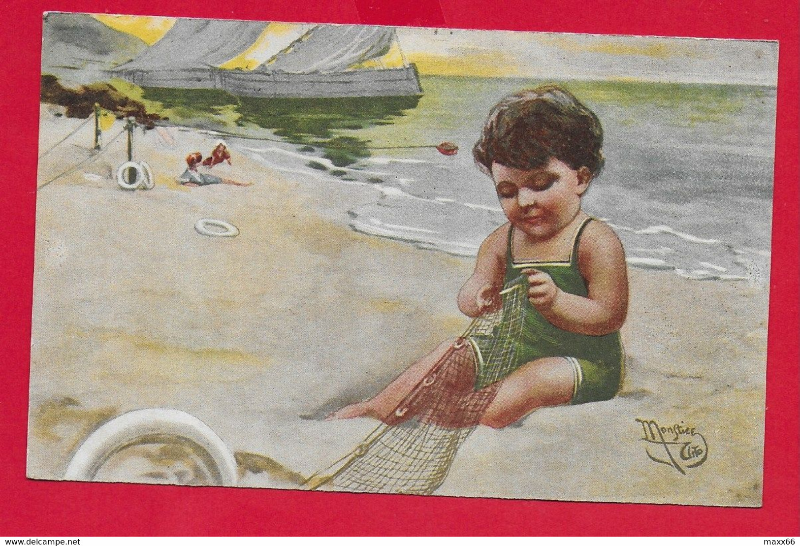 CARTOLINA VG ITALIA - Bimbo Sulla Spiaggia Che Aggiusta Reti Da Pesca - ILLUSTRATA MONESTIER - 9 X 14 - 1919 PIACENZA - Altri & Non Classificati