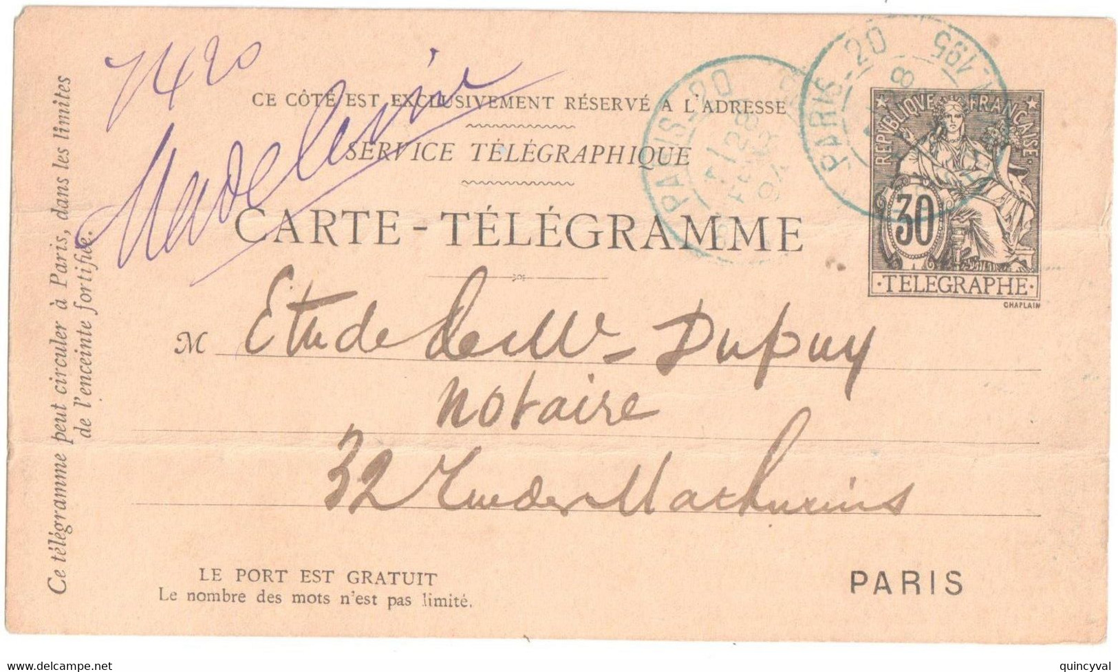 PARIS 20 Carte Postale Entier 30 C Chaplain Dest Madeleine Ob 28 2 1894 Yv 2511 - Pneumatiques
