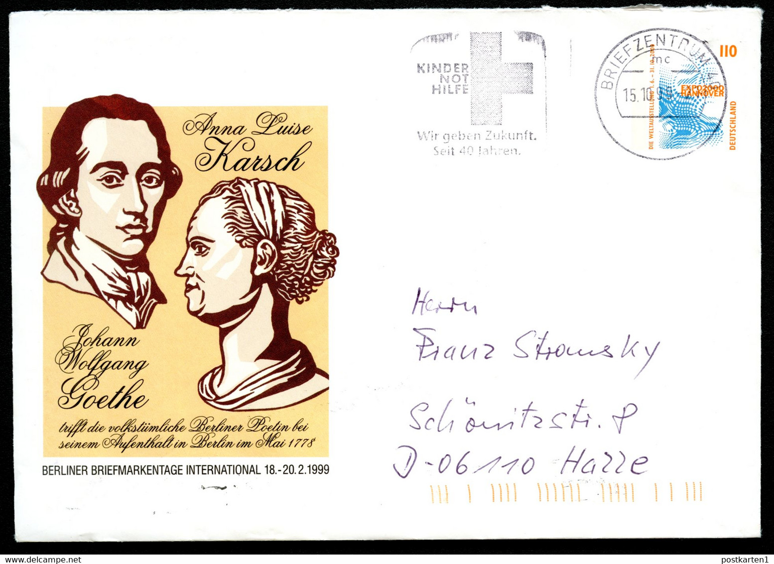 Bund PU292 D2/004 GOETHE Und ANNA LUISE KARSCH Berlin Gelaufen 1999 NGK 5,00 € - Enveloppes Privées - Oblitérées