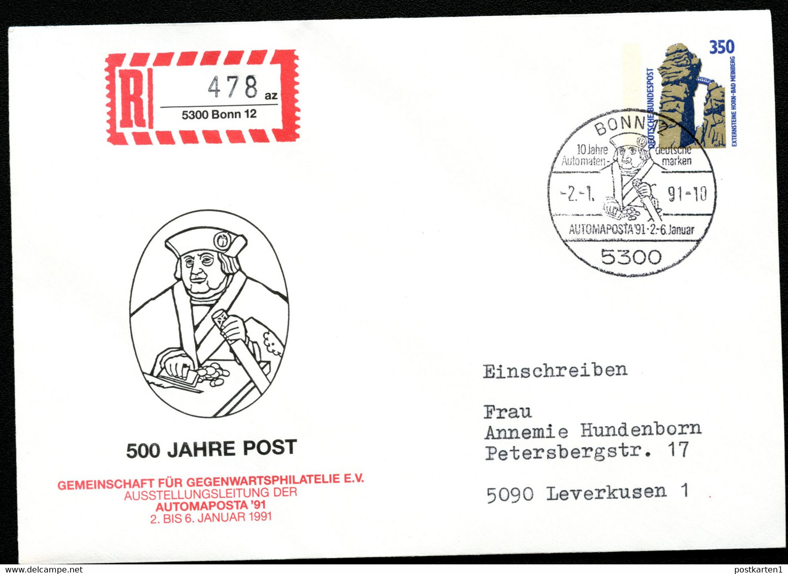 Bund PU299 D1/003 FRANZ VON TAXIS Sost. Bonn 1991 NGK 10,00 € - Enveloppes Privées - Oblitérées