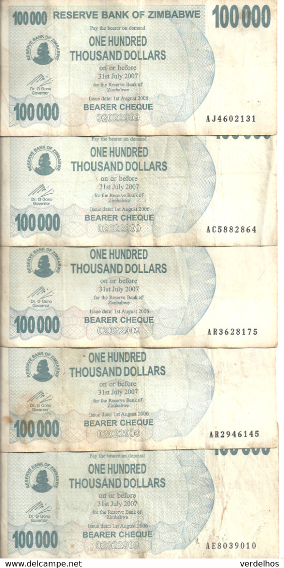 ZIMBABWE 100000  DOLLARS  BEARER CHEQUE 2006 VF P 48 B ( 5 Billets) - Zimbabwe