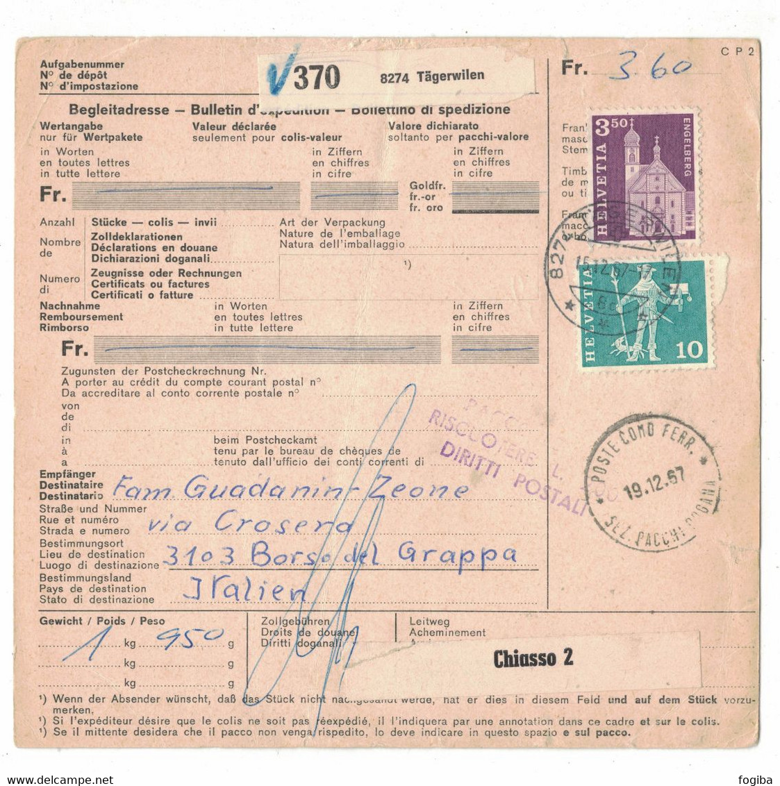 EW292    Begleitadresse Tägerwilen - Borso Del Grappa (Treviso) Italien 1968 - Covers & Documents