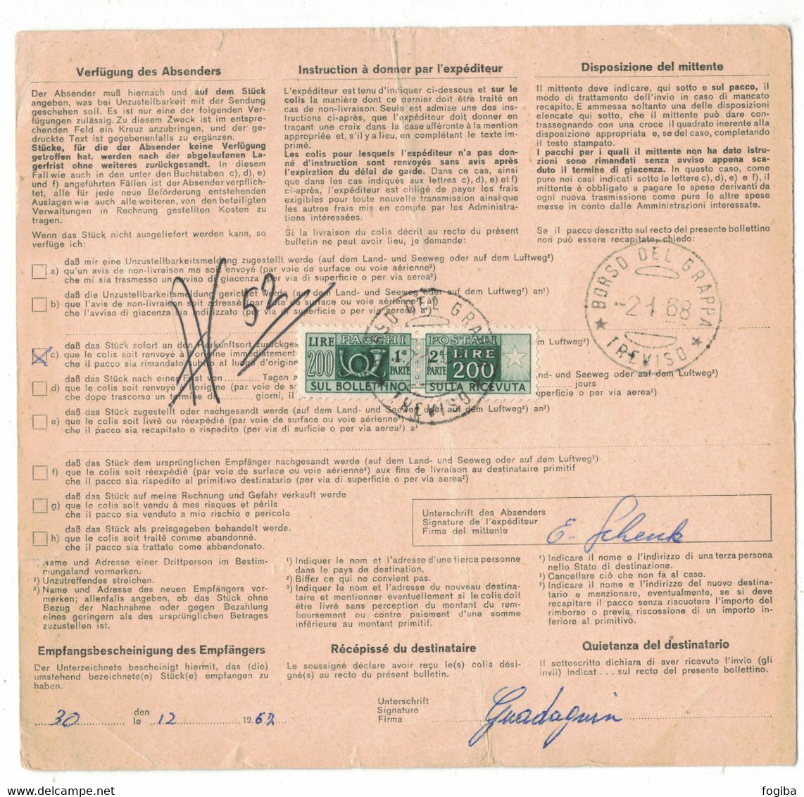 EW292    Begleitadresse Tägerwilen - Borso Del Grappa (Treviso) Italien 1968 - Cartas & Documentos