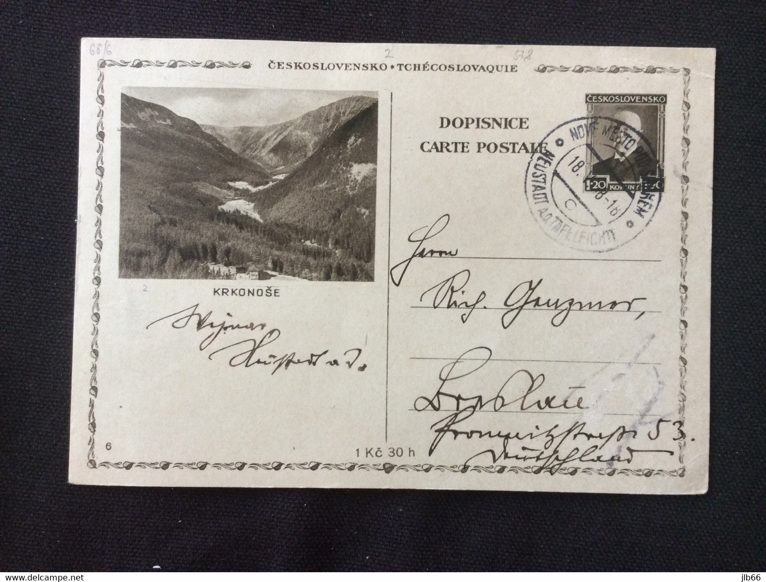 1938 CDV 67/6 Mi P68 Krkonose Oblitéré Nove Mesto Neustadt 18,5,38 - Postales