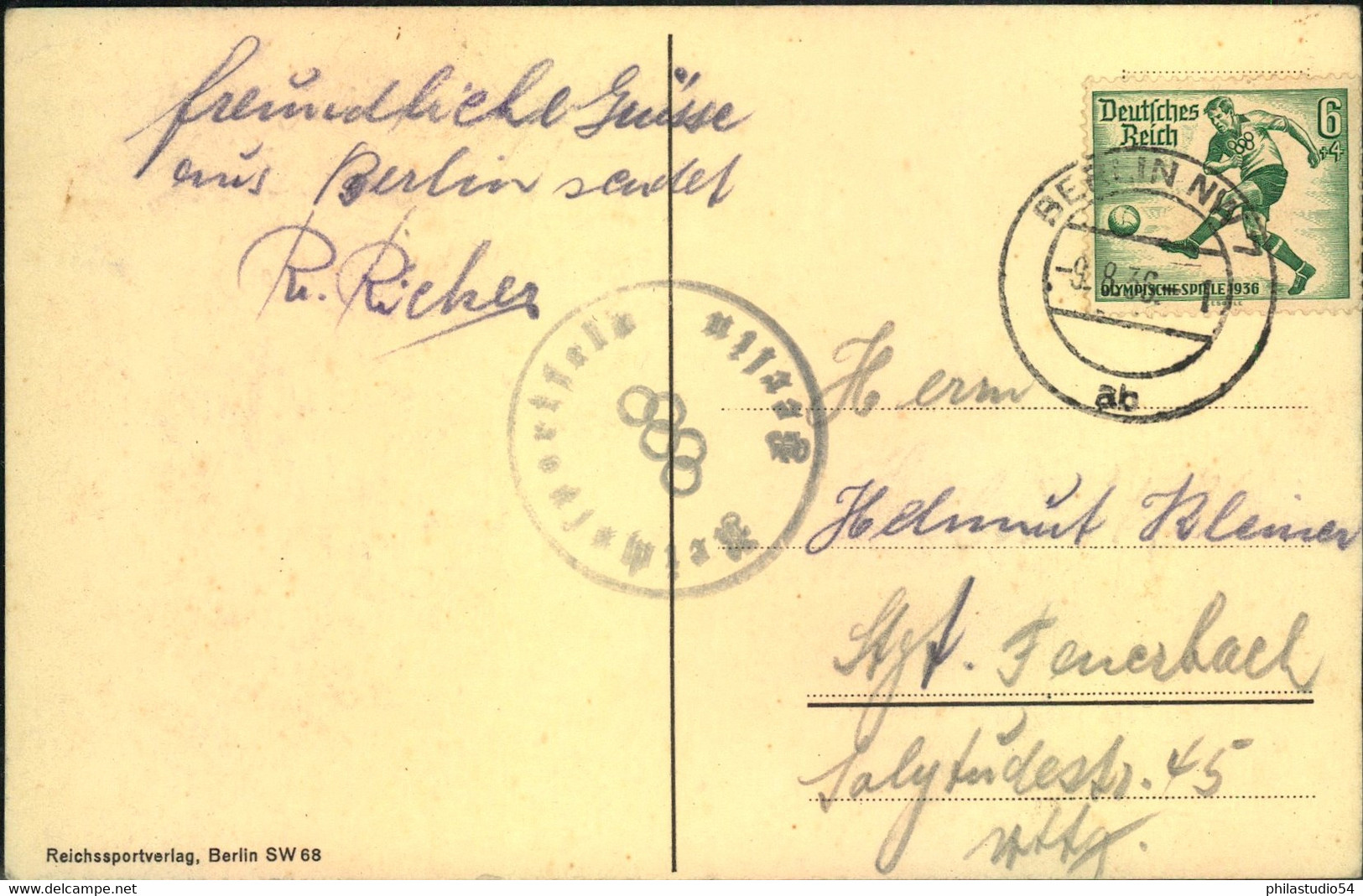 1936, "Flaggen Der Teilnehmenden Länder", Postkarte Gealufen Mit Nebenstempel "Berlin Reichssportfeld" - Ete 1936: Berlin