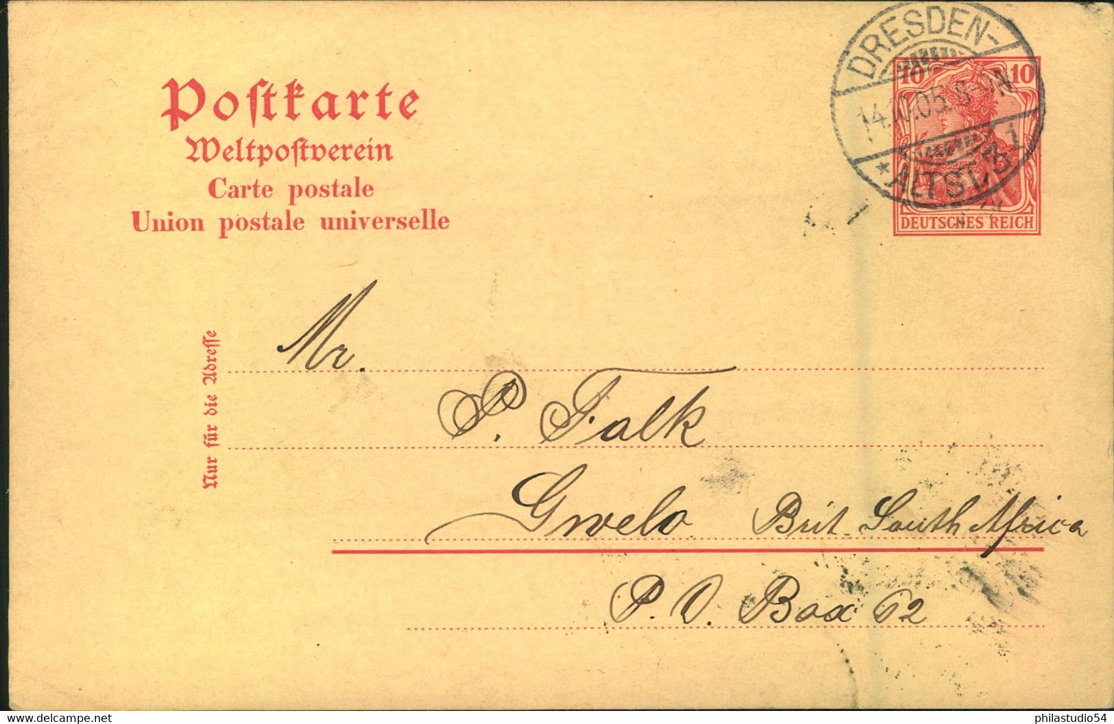 1905, 10 Pfg. Germania GSK Ab DRESDEN Nach Gnela (Rhodesien), Heute Simbabwe - Bedarf, Destination R! - Sonstige & Ohne Zuordnung