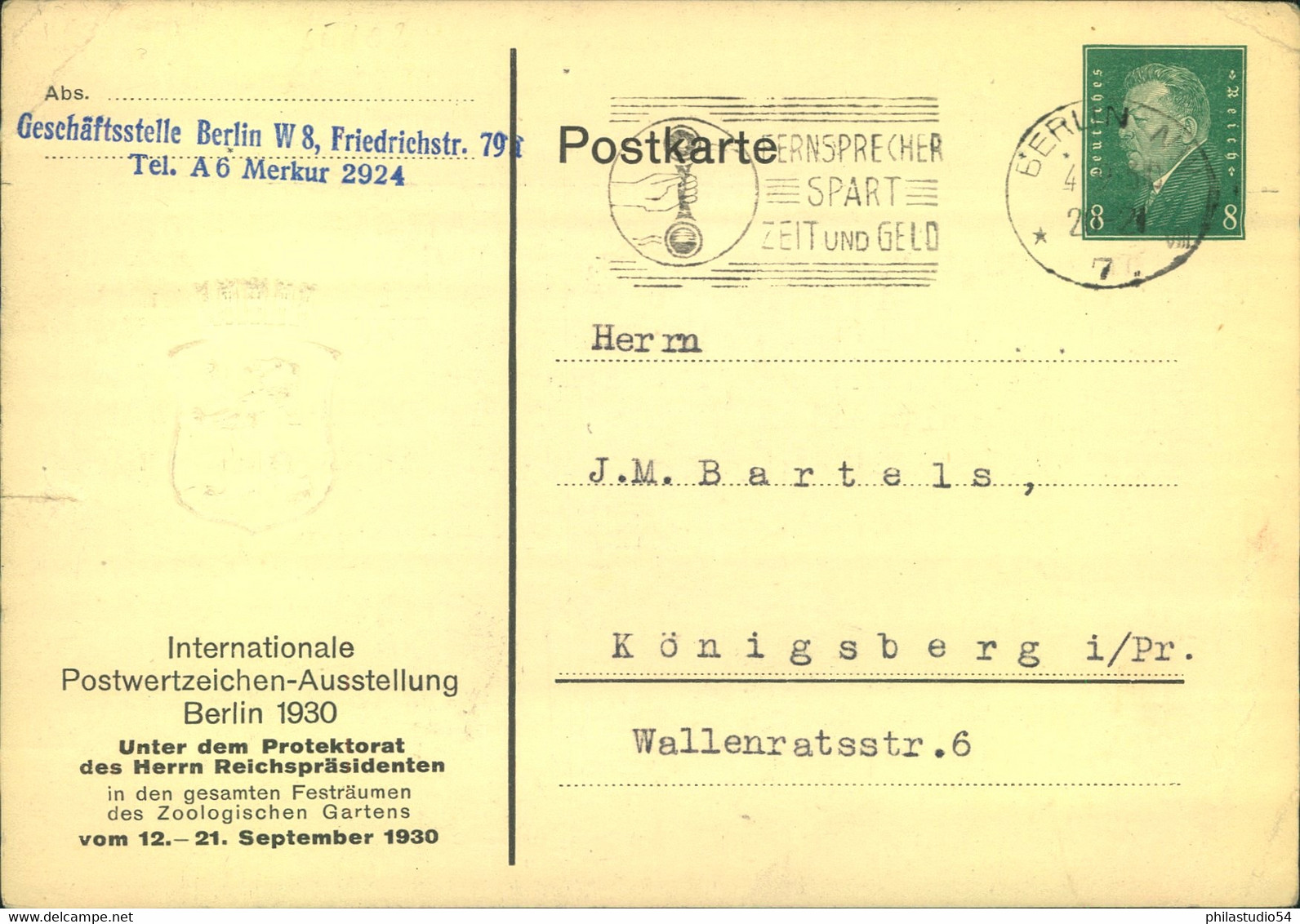 1930, Privatganzsachenkarte Zur IPOSTA, Bedarfsgebraucht Ab BERLIN NW / Nach Königsberg - Other & Unclassified