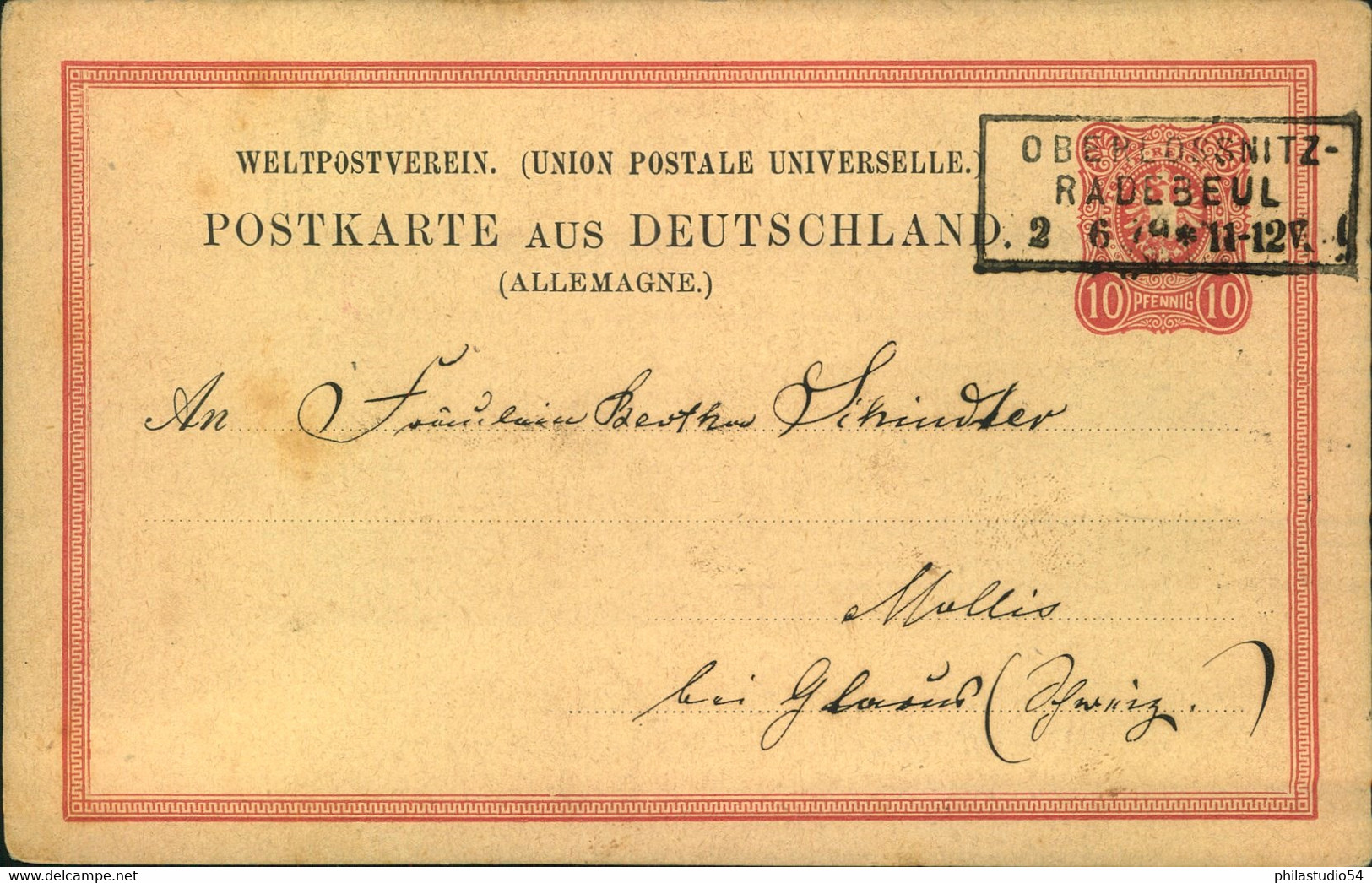 1879, Bahnpost-L3  "OBERLÖSSNITZ - RADEBEUL" Auf 10 Pfg. Ganzsachenkarte In Die Schweiz - Máquinas Franqueo (EMA)