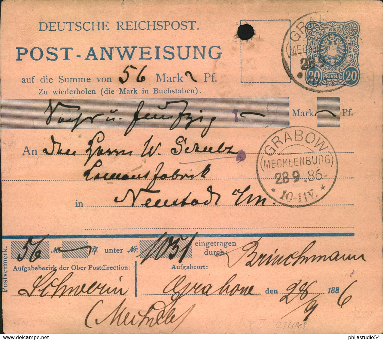 1886, Postanweisung 20 Pfg Ganzsache Ab "GRABOW (MECKLENBURG)" Nach Neustadt (Meckl.) - Autres & Non Classés