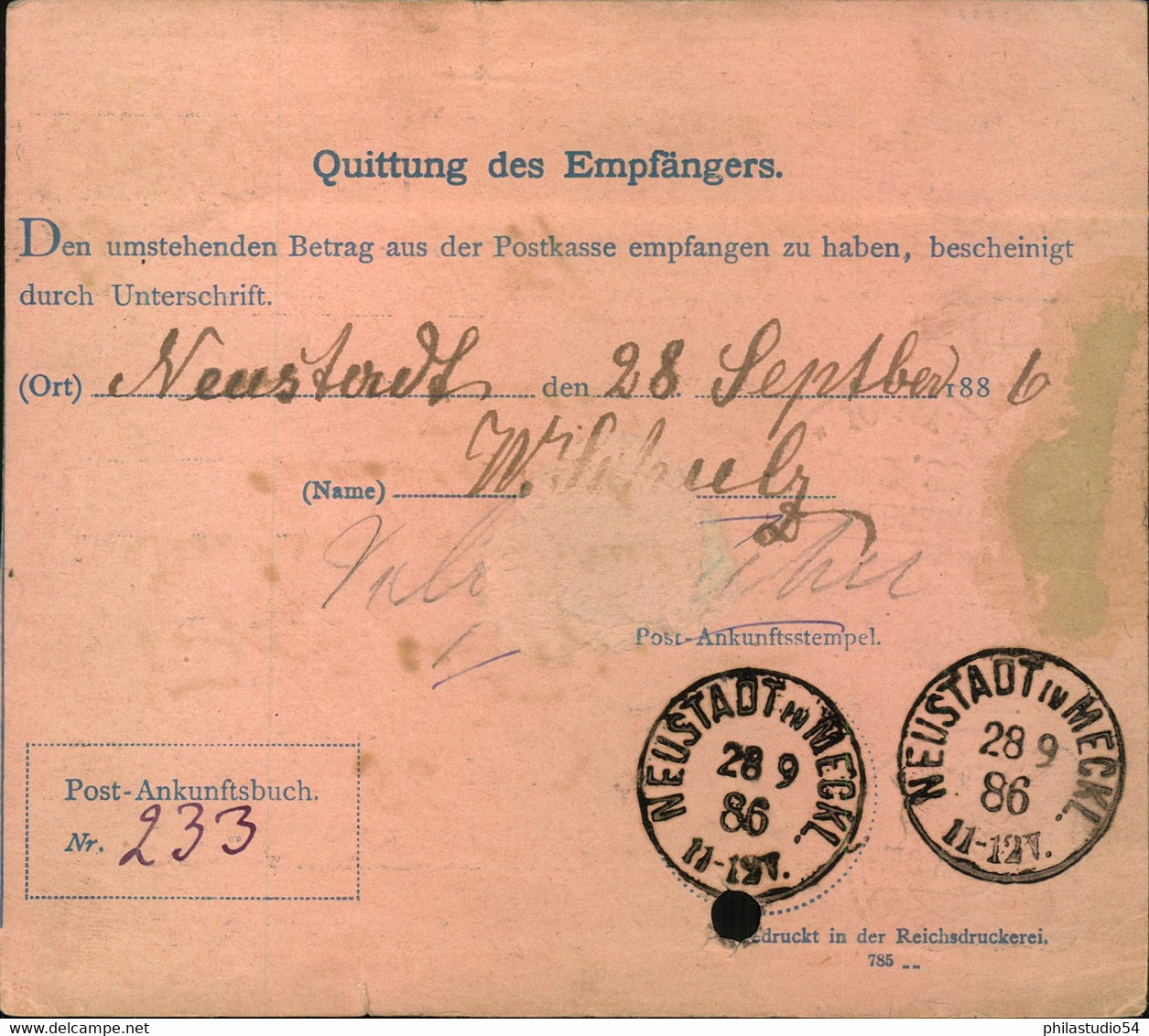 1886, Postanweisung 20 Pfg Ganzsache Ab "GRABOW (MECKLENBURG)" Nach Neustadt (Meckl.) - Other & Unclassified