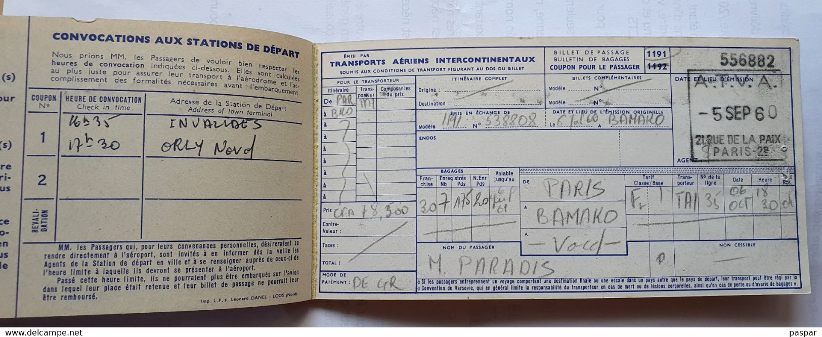 Billet D'avion TAI - Paris Bamako 1960 - Billet De Passage Et Bulletin De Bagage - Biglietti