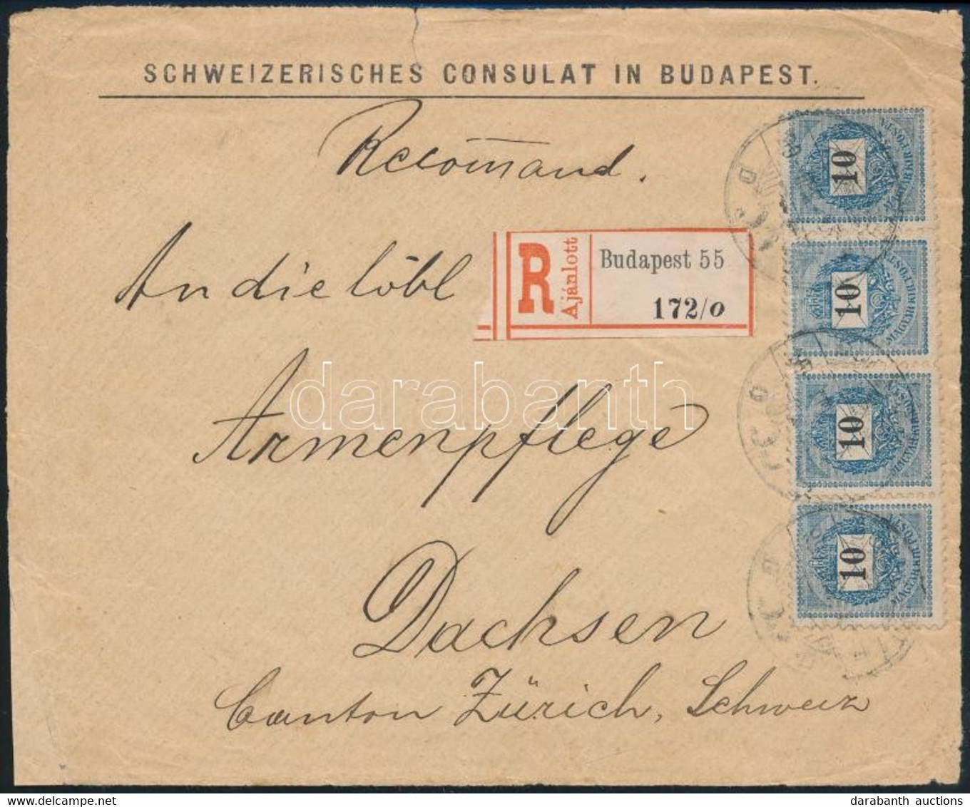 1898 10kr Négyescsík 11 1/2-es Fogazással (bélyegérték 60.000+++) 1899-ben Svájcba Küldött Ajánlott Levél Előlapján - Autres & Non Classés