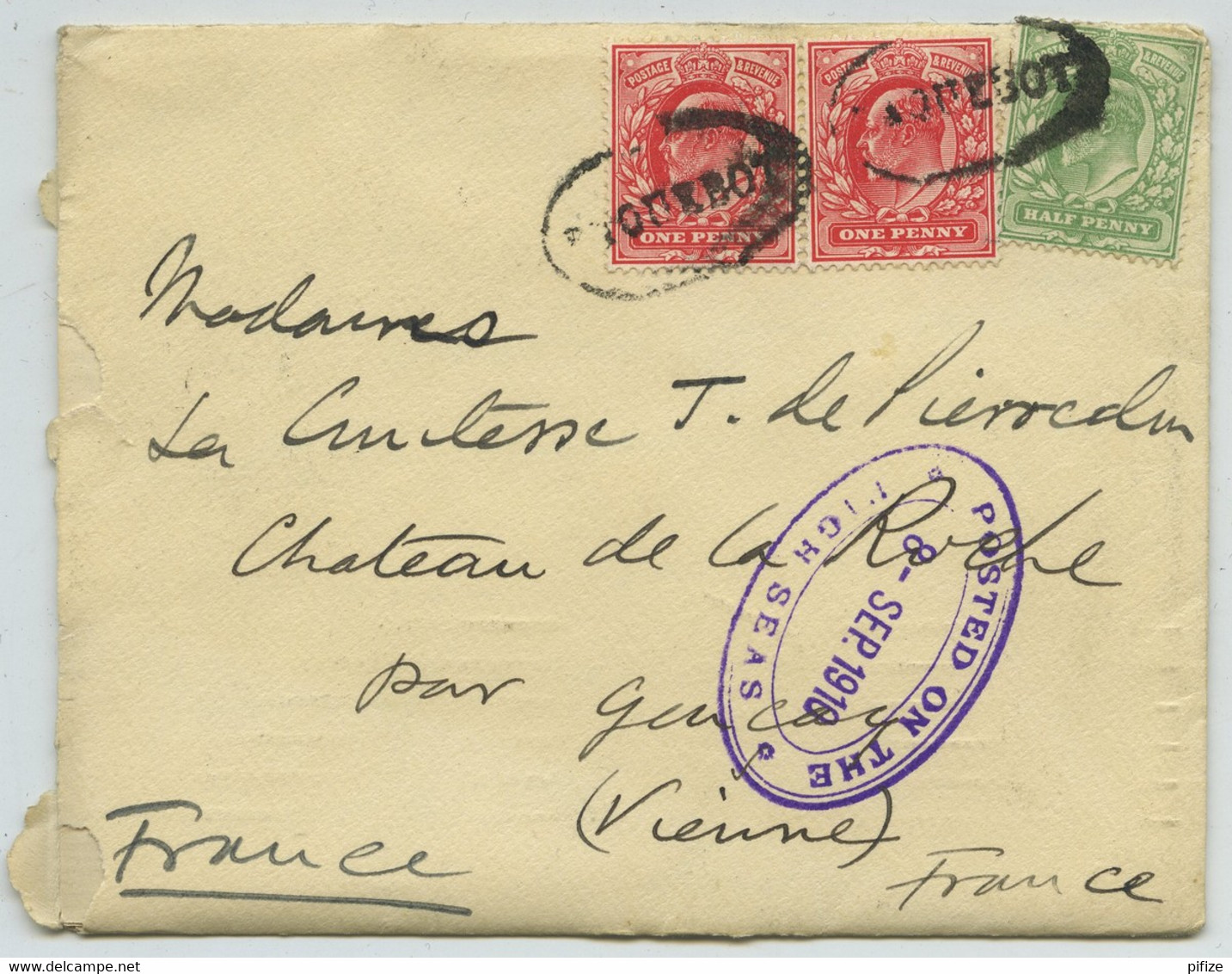 Cachet PAQUEBOT Doublé + "Posted On The High Seas" / Lettre 1918 Royal Mail Steam Packet Company Pour Gençay. RMSP Avon. - Lettres & Documents