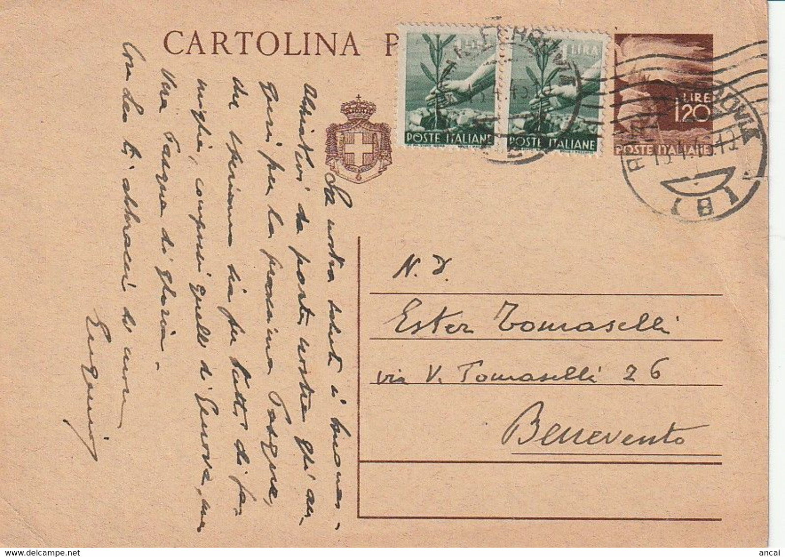 A74. Roma. Aprile/ 1946. Cartolina Postale Democratica L. 1,20, Con Integrazione Di L. 2 ( 1 X 2) - Other & Unclassified