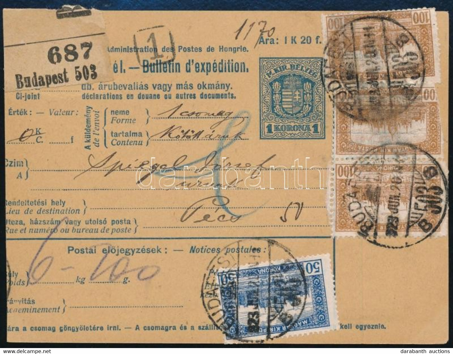 1923 Inflációs Csomagszállító Levél Parlament 50K + 3 X 100K, Hátul Hivatalos 10f + 20f Bérmentesítéssel "BUDAPEST" - "P - Other & Unclassified