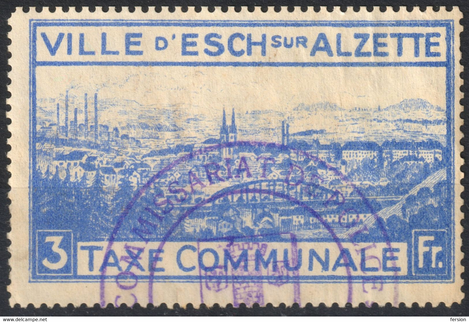 Luxembourg - Esch-sur-Alzette Esch Sur Alzette City Local Tax Revenue Stamp 3 Fr Factory Industry Church Cathedral - Revenue Stamps