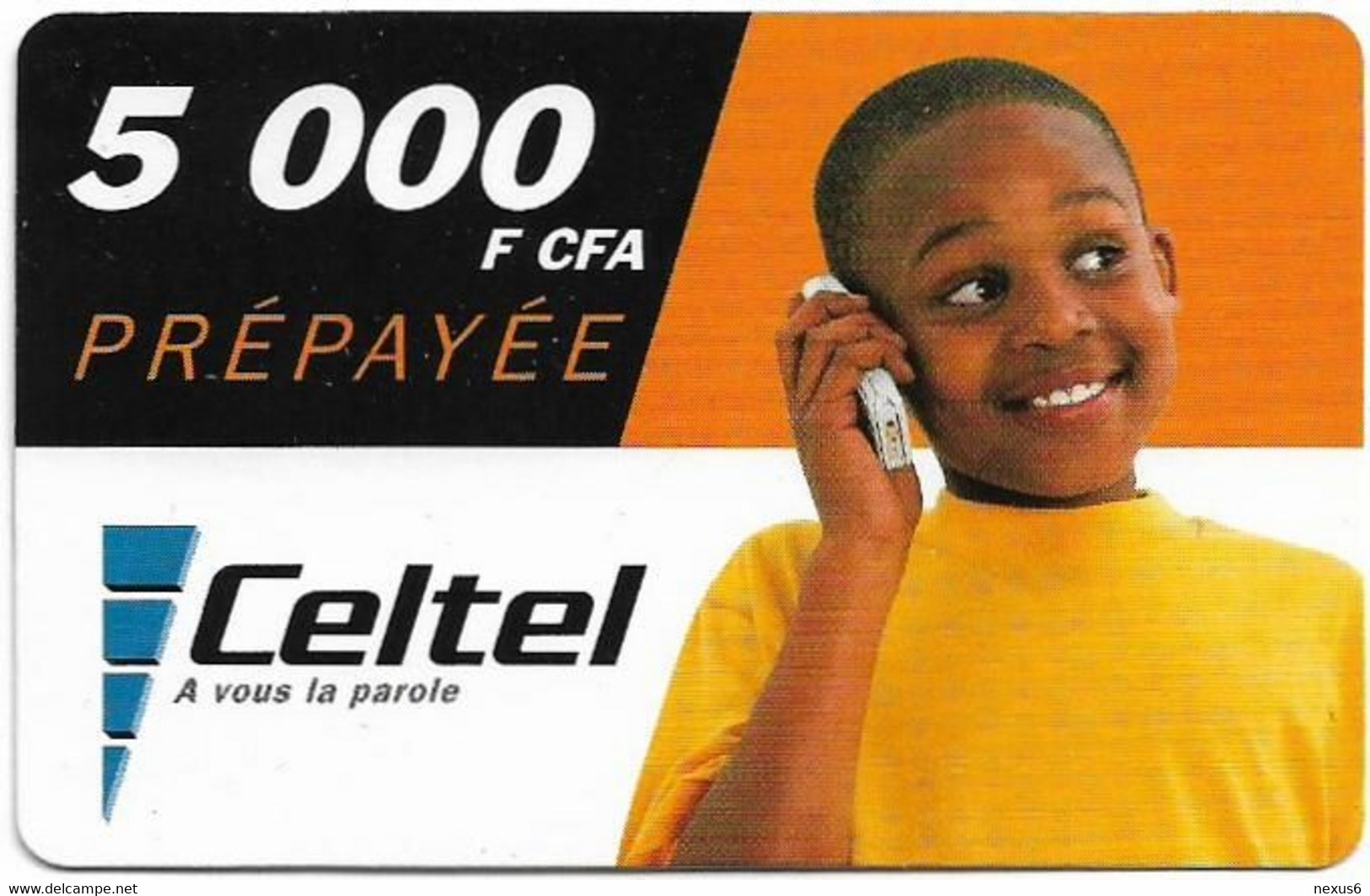 Gabon - Celtel - Young Boy At Phone - No Expiry, GSM Refill 5.000FCFA, Used - Gabun