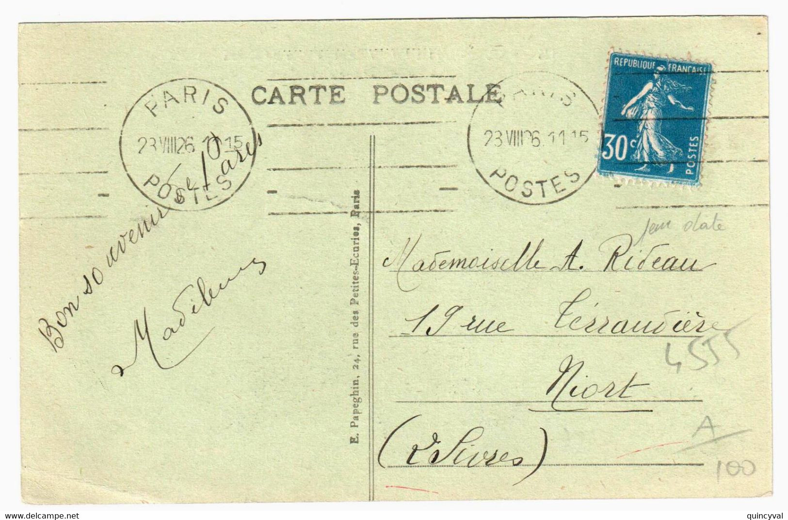 PARIS POSTES Carte Postale 5mots 30c Semeuse Yv192 Ob 1926 Meca Krag 4 Lignes égales Remplacement Machine Dreyfus A00852 - Oblitérations Mécaniques (Autres)