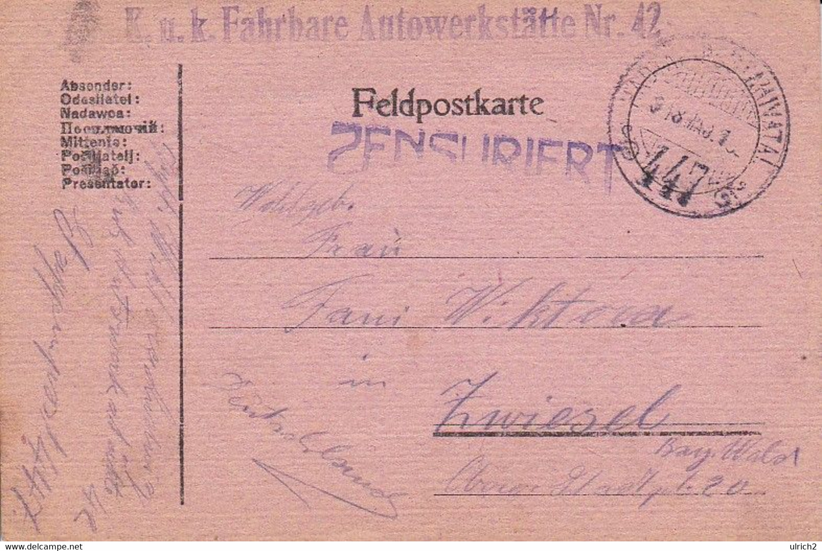 Feldpostkarte K.u.k. Fahrbare Autowerkstätte Nr. 42 - Nach Zwiesel -  1918 (56145) - Cartas & Documentos