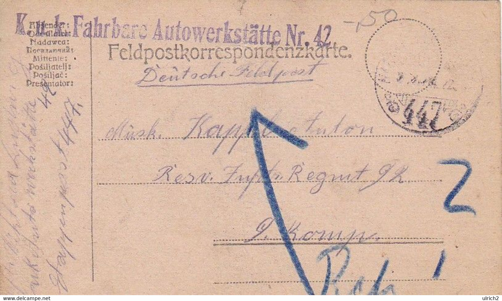 Feldpostkarte K.u.k. Fahrbare Autowerkstätte Nr. 42 - 1918 (56147) - Brieven En Documenten