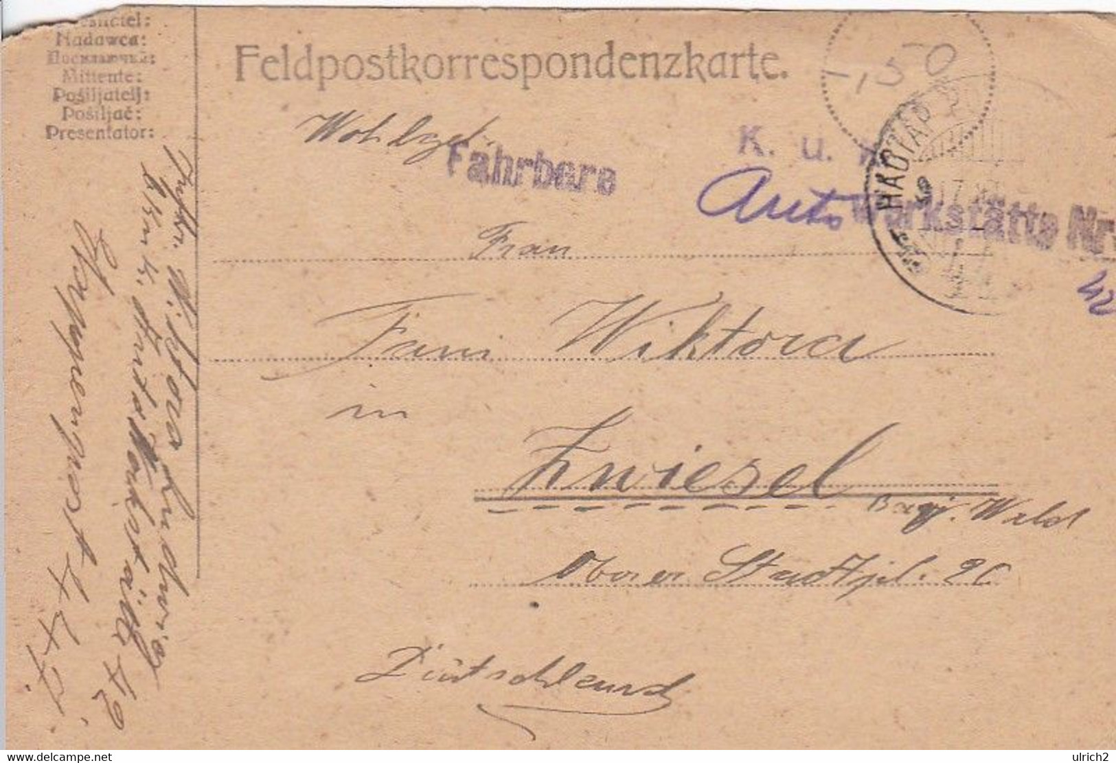 Feldpostkarte - K.u.k. Fahrbare Autowerkstätte Nr. 42 - Provisor. Stempel - Nach Zwiesel - 1917 (56153) - Lettres & Documents