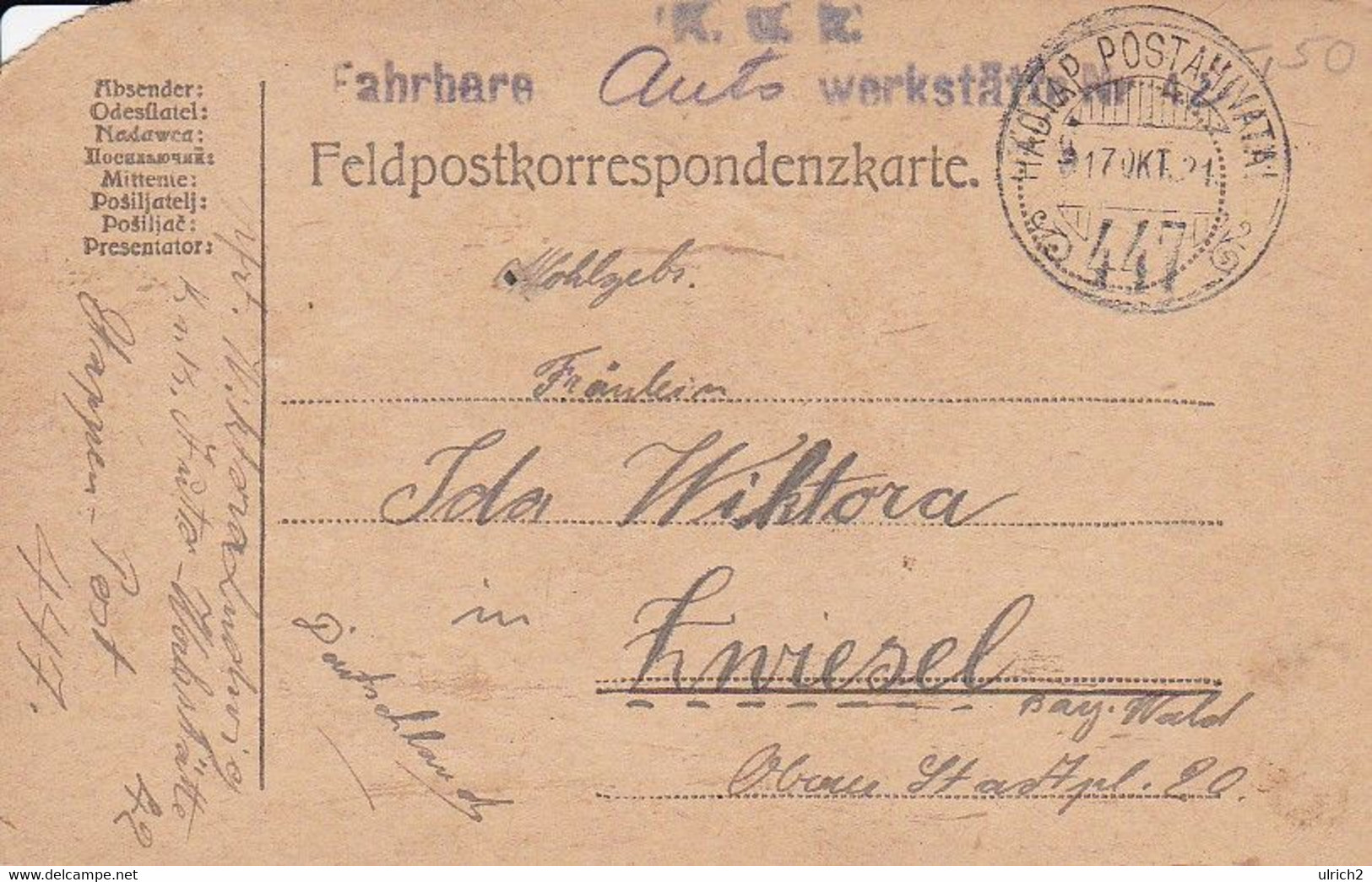 Feldpostkarte - K.u.k. Fahrbare Autowerkstätte Nr. 42 - Provisor. Stempel - Nach Zwiesel - 1917 (56155) - Brieven En Documenten