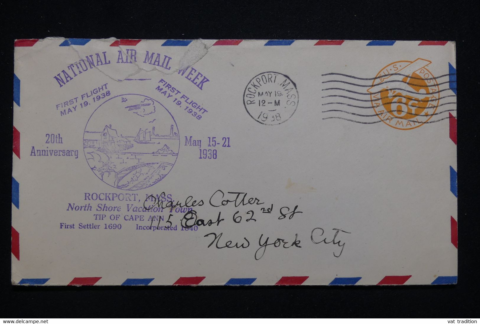 ETATS UNIS - Entier Postal Par Avion En 1938 De Rockport Pour New York Avec Cachet Commémoratif Aérien - L 98076 - 1921-40