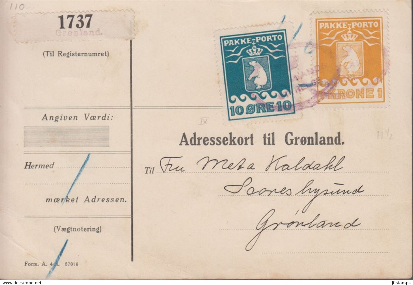 1930. 1 Kr. Yellow And 1915 10 øre Blue. Thiele Letterpress. Perf. 11 ½. On Adresseko... (Michel 11A+) - JF419617 - Paquetes Postales