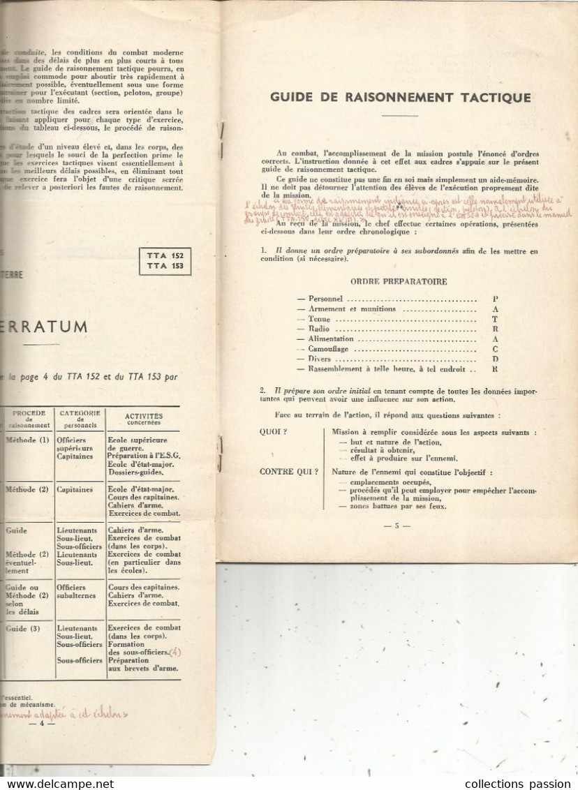 Militaria , GUIDE DE RAISONNEMENT TACTIQUE , Etat Major De L'Armée De Terre , 1968 , 6 Pages, Frais Fr 2.75 E - Otros & Sin Clasificación